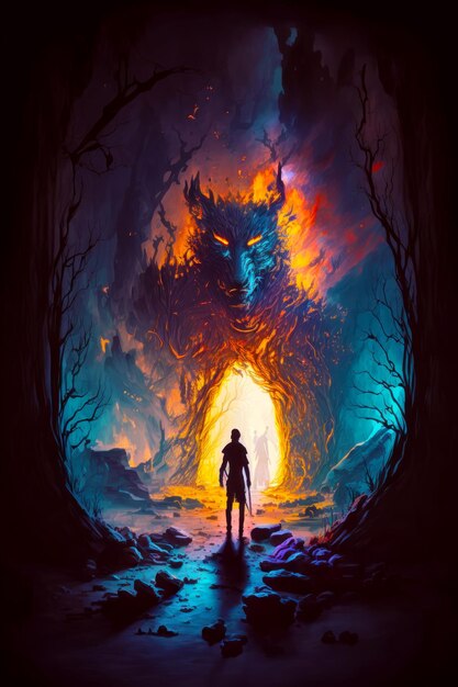 Imagen de un hombre parado frente a un monstruo gigante en un bosque oscuro IA generativa