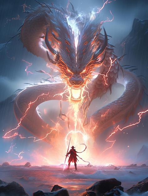 Foto imagen de un hombre de pie frente a un dragón gigante ai generative