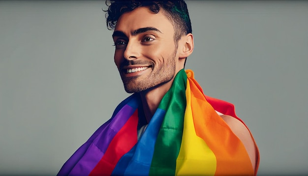 Imagen de un hombre que sostiene una bandera del orgullo gay y un concepto sonriente Mes y día del orgullo IA generativa