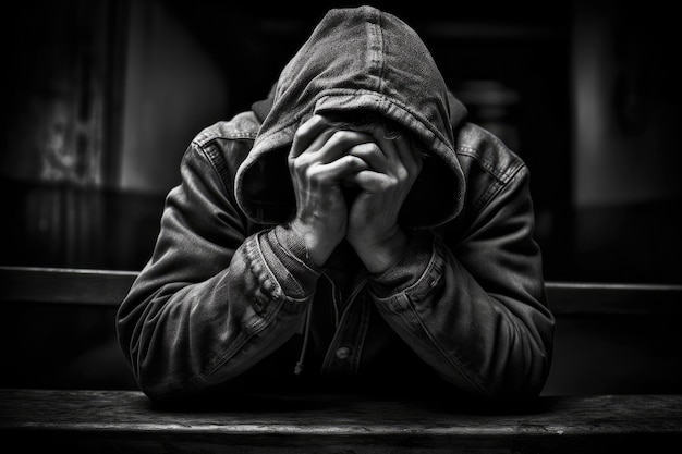 Foto imagen de un hombre sentado en un banco con la cabeza hacia abajo y las manos cubriendo su rostro que parece estar avergonzado o avergonzado ia generativa