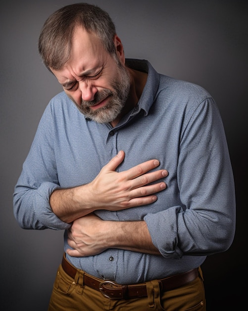 Foto una imagen de un hombre sosteniendo su estómago porque está enfermo con dolor de estómago, indigestión o hinchazón.