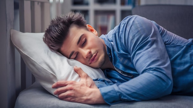 Imagen horizontal de un joven guapo y lindo con cerdas posando con la cabeza sobre una almohada blanca y suave