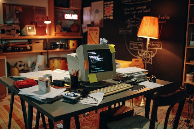 Imagen horizontal del lugar de trabajo con computadora con códigos en la pantalla sobre la mesa en el garaje