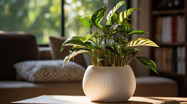 imagen horizontal de una sala de estar brillante con una gran planta de interior tropical gigante que genera IA