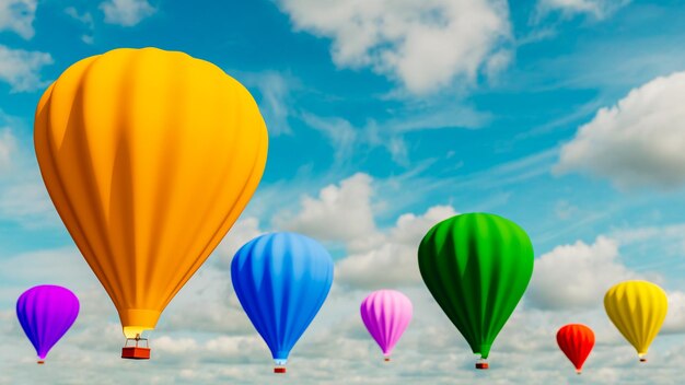 Imagen horizontal de siete globos aerostáticos de diferentes colores volando por el cielo con nubes