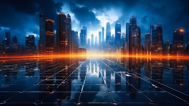Imagen de un horizonte de ciudad futurista con luces azules y efectos tecnológicos a su alrededor Concepto de futuro y ciencia ficción Imagen creada con IA