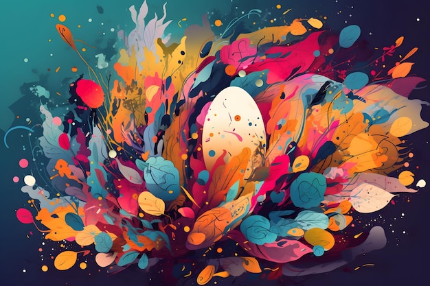 Imagen de un huevo rodeado de burbujas y salpicaduras de pintura de colores IA generativa