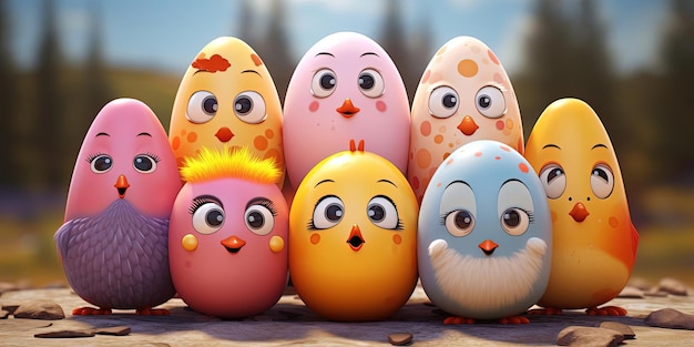 una imagen de huevos de Pascua coloridos en el estilo de estudios de personajes surrealistas emotivos