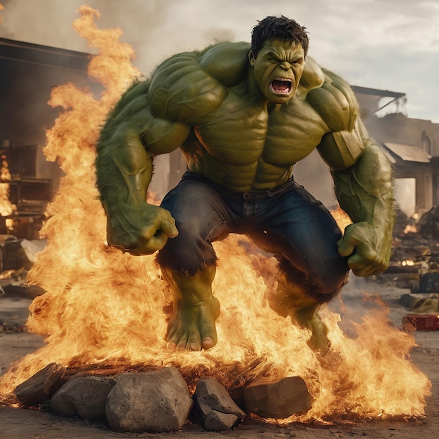 Foto una imagen de hulk en modo 8k en llamas