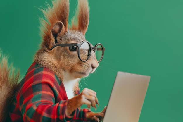 Imagen humorística de una ardilla vestida con una camisa a cuadros con gafas redondas usando atentamente una computadora portátil sobre un fondo verde