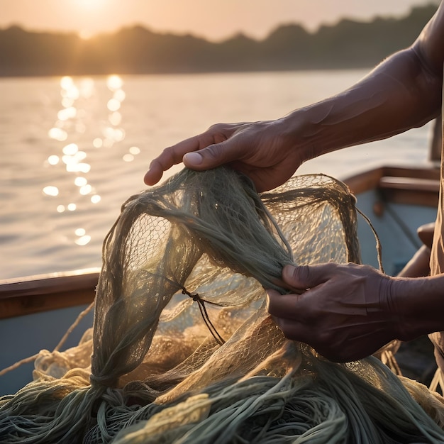 Foto imagen de ia centrada en las manos de un pescador mientras desenredan una red de pesca al amanecer