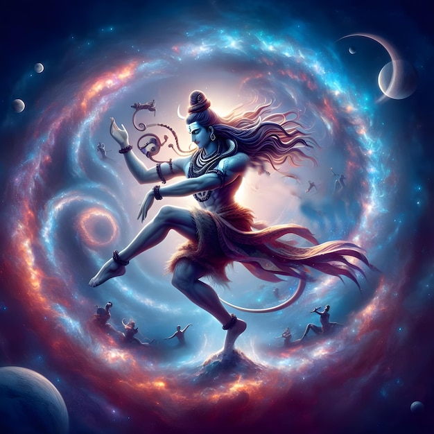 Imagen de IA del Señor Shiva en una postura de baile dinámica rodeado de galaxias y estrellas giratorias