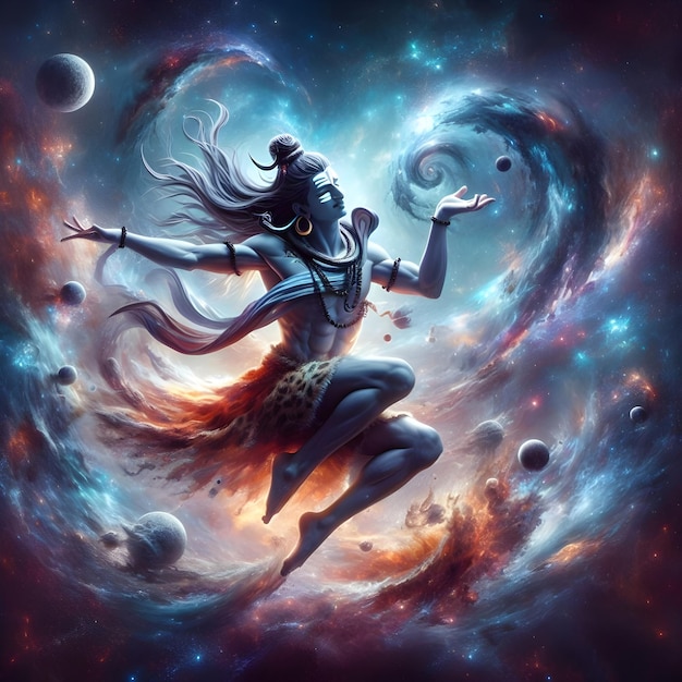 Imagen de IA del Señor Shiva en una postura de baile dinámica rodeado de galaxias y estrellas giratorias