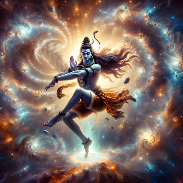Imagen de IA del Señor Shiva en una postura de baile dinámica rodeado de galaxias y estrellas giratorias