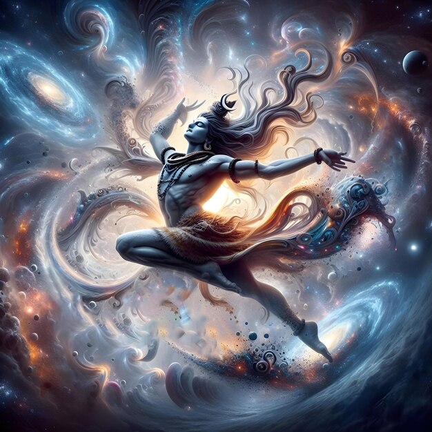 Imagen de IA del Señor Shiva en una postura de baile dinámica rodeado de galaxias y estrellas giratorias