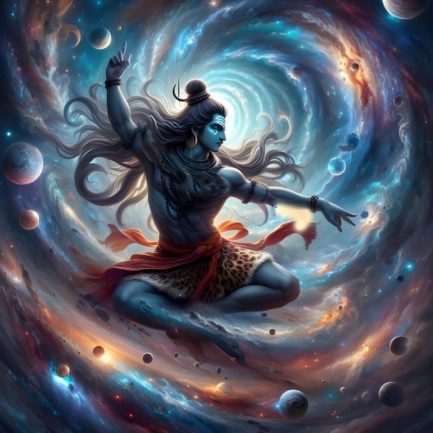 Imagen de IA del Señor Shiva en una postura de baile dinámica rodeado de galaxias y estrellas giratorias