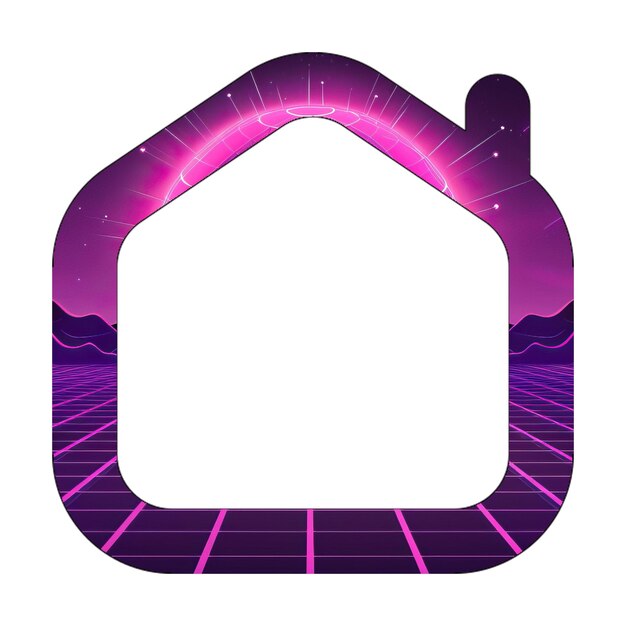 Imagen icono de la casa chimenea en blanco Formas púrpuras Fondo de los años 80
