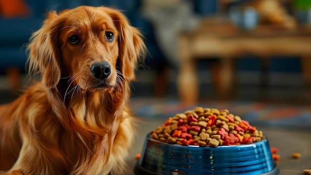 Foto imagen ideal para promocionar la comida para mascotas perro al lado del concepto del tazón de comida anuncio de comida para masacres perro con tazón para comida nutrición saludable mascotas felices