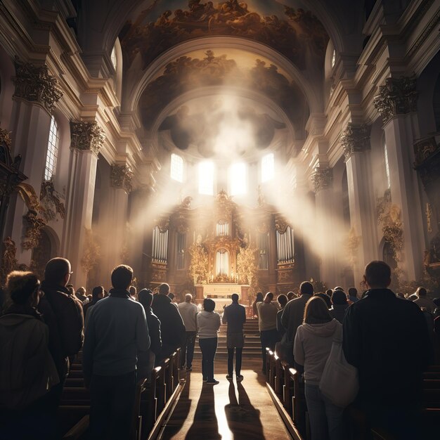 Una imagen de una iglesia con una pequeña lig.