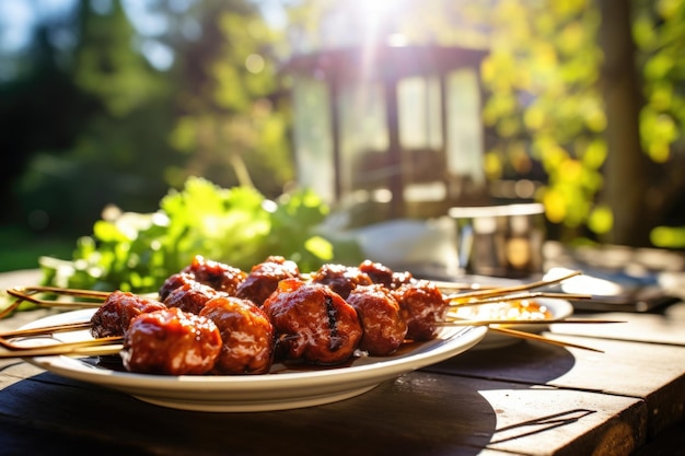 Imagen iluminada por el sol de brochetas de albóndigas a la barbacoa en una mesa al aire libre