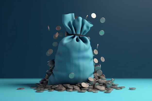 Imagen de una ilustración en 3D de una bolsa de monedas con muchas monedas AI generativa
