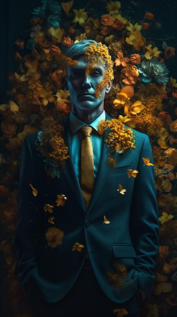 Imagen de ilustración de hombre con traje y corbata llena de flores Arte generado por IA