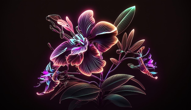 Imagen de ilustración de neón brillante de flor de orquídea Arte generado por Ai