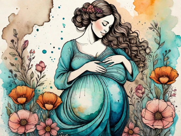 Imagen ilustrada colorida de una mujer embarazada
