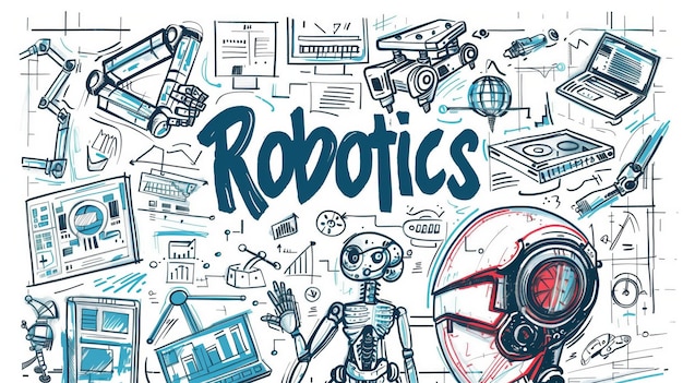 Imagen ilustrada con varios bocetos de robótica y tecnología y texto de robótica