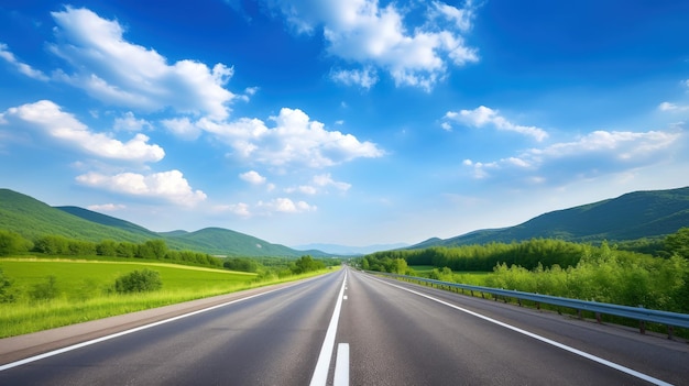 Imagen ilustrativa del paisaje con carretera rural, carretera asfaltada vacía sobre fondo azul cielo nublado. Imagen horizontal multicolor vibrante al aire libre, ilustración generativa de IA