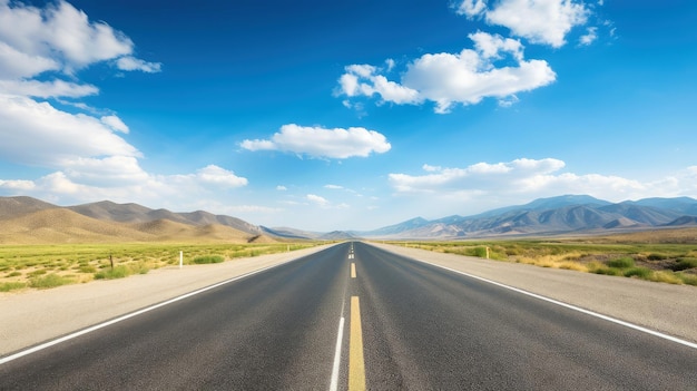 Imagen ilustrativa del paisaje con carretera rural, carretera asfaltada vacía sobre fondo azul cielo nublado. Imagen horizontal multicolor vibrante al aire libre, ilustración generativa de IA