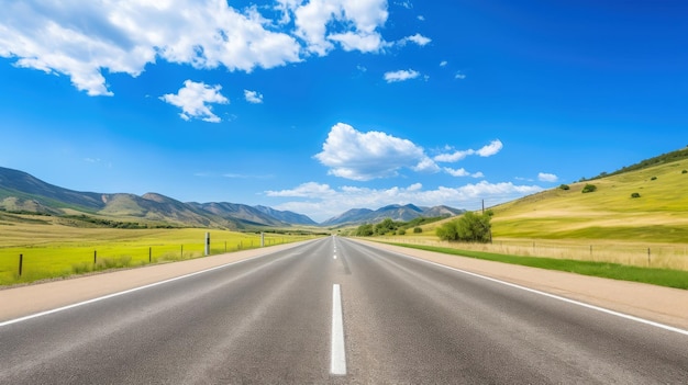 Imagen ilustrativa del paisaje con carretera rural, carretera asfaltada vacía sobre fondo azul cielo nublado. Imagen horizontal multicolor vibrante al aire libre, ilustración generativa de IA