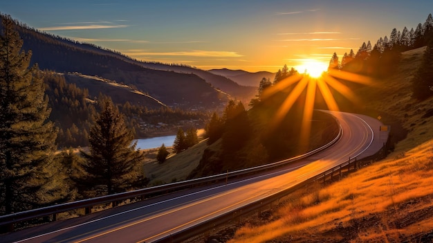 Imagen ilustrativa del paisaje con carretera rural, carretera asfaltada vacía sobre fondo de puesta de sol. Imagen horizontal multicolor vibrante al aire libre, ilustración generativa de IA