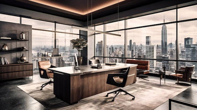 Una imagen impactante de un lujoso espacio de oficina contemporáneo con impresionantes vistas de la ciudad y elementos de diseño moderno