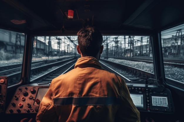 Una imagen impresionante de un conductor de tren en una cabina visto desde atrás mirando por la ventana a la vasta