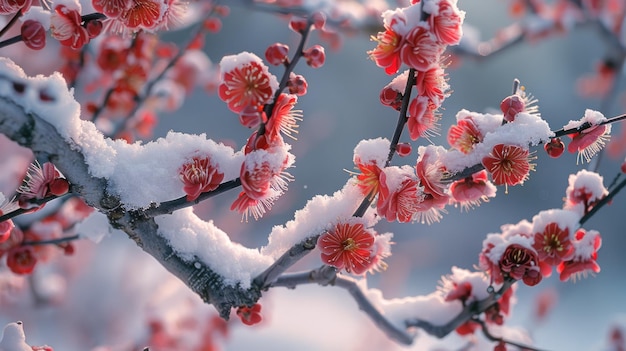 Una imagen impresionante que captura flores rosadas bajo una delicada manta de nieve en contraste