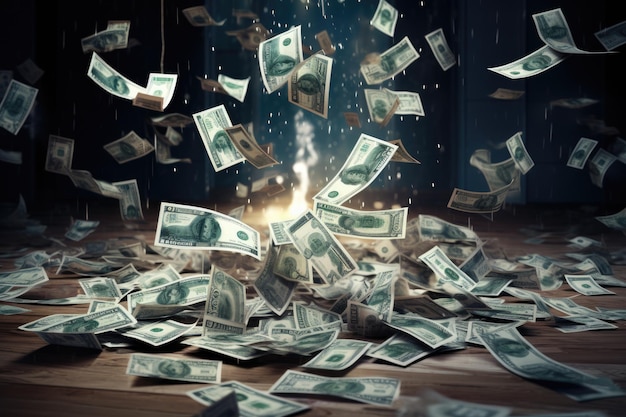 Una imagen impresionante que captura una gran cantidad de dinero cayendo en el aire creando una vista extraordinaria de riqueza y abundancia Dinero y billetes de un dólar esparcidos sobre la mesa Generado por IA