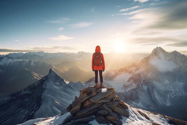 Una imagen impresionante y realista con un aventurero solitario de pie en la cima de una montaña