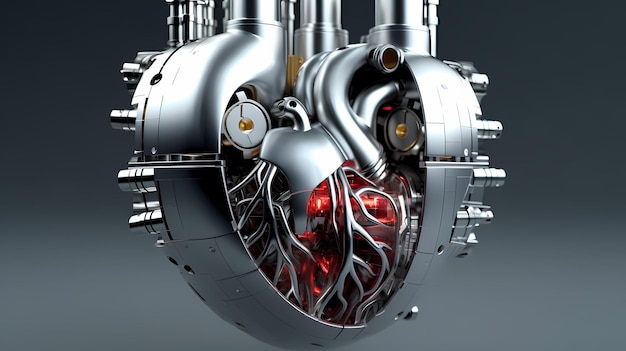 Foto imagen innovadora de un corazón de implante sintético humano construido a partir de una combinación de herramientas de equipos médicos y tecnología de anatomía generative ai