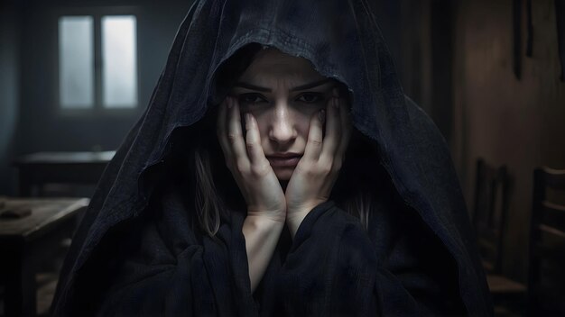 Foto una imagen inquietante de una mujer con su rostro enterrado en sus manos la oscuridad de la habitación envolviendo h