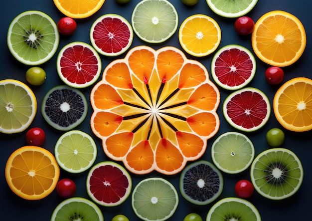 Una imagen inspirada en el arte abstracto de una ensalada de frutas dispuesta en un patrón geométrico con cada fruta