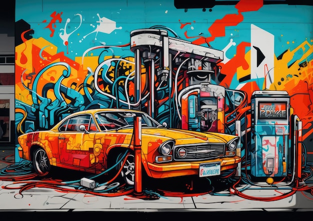 Una imagen inspirada en el arte callejero de un automóvil repostando combustible con murales de graffiti que adornan las paredes del depósito de gasolina.
