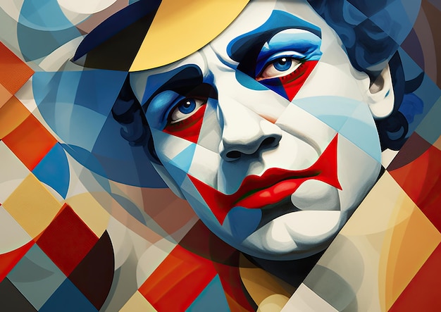 Una imagen inspirada en el cubismo de un payaso de circo con formas geométricas fragmentadas y múltiples