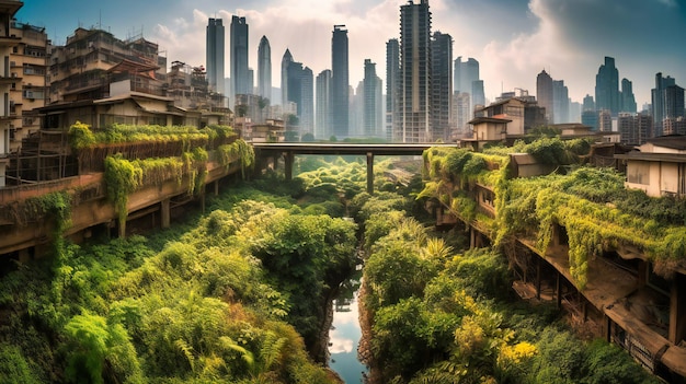 Una imagen inspiradora de una ciudad del futuro que destaca su exuberante vegetación y su compromiso con la vida sostenible