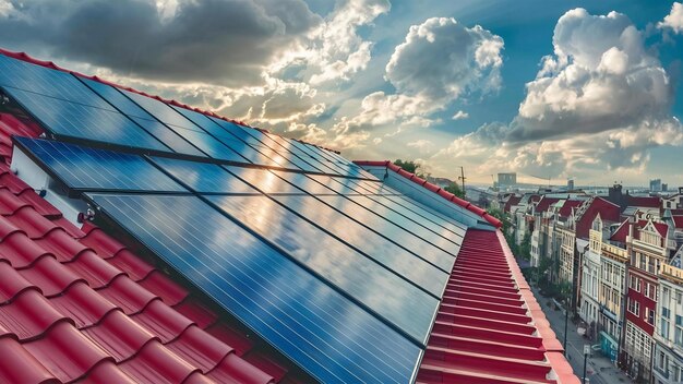 Imagen de la instalación fotovoltaica de paneles solares en el techo rojo en un día soleado y nublado