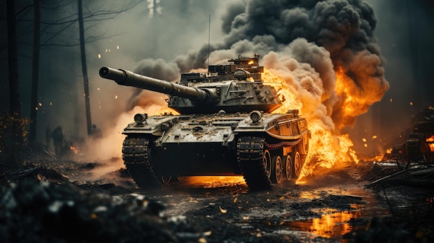 Imagen intensa y dramática de un tanque en un campo de batalla con humo y escombros en el fondo