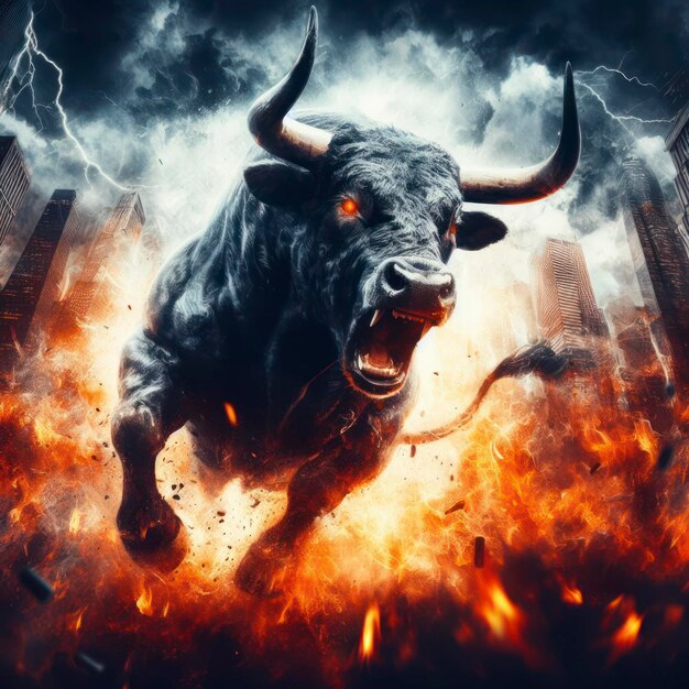 Foto una imagen intensa de un toro enfurecido en medio de una turbulenta recesión del mercado de valores