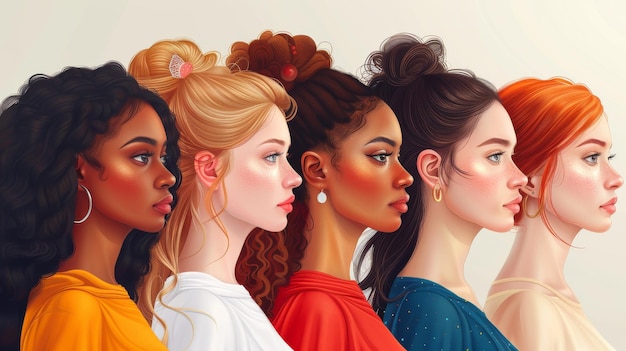 Una imagen intercultural de las mujeres en un entorno multicultural Belleza multiétnica Imagen vectorial