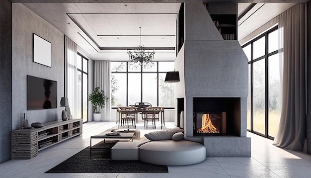 imagen del interior de una casa con muebles blandos, cálida chimenea, mesa baja y grandes ventanales.