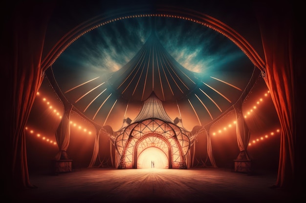 Foto imagen desde el interior de un gran circo iluminado por hermosas luces en su presentación más increíble